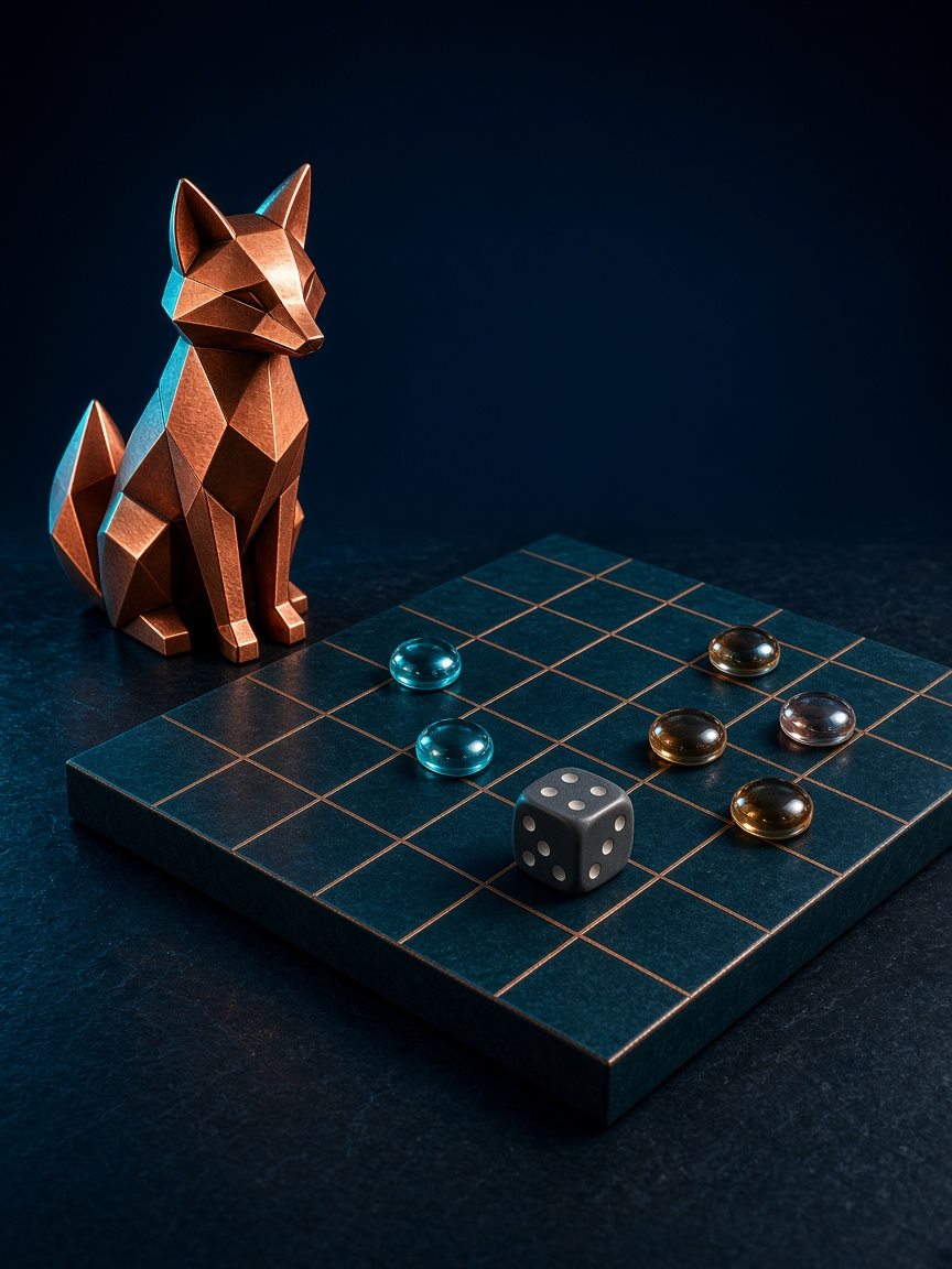 Figurine de renard en cuivre devant un plateau quadrillé, nature morte d'atelier